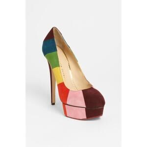 Charlotte Olympia Priscilla Stripes Suede Platform Pumps 41 Rainbow Multicolor